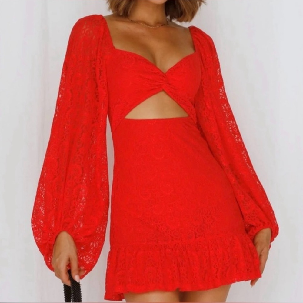 Hello Molly Red Mini Sundress with Sweetheart Neckline and Bishop Sleeves
